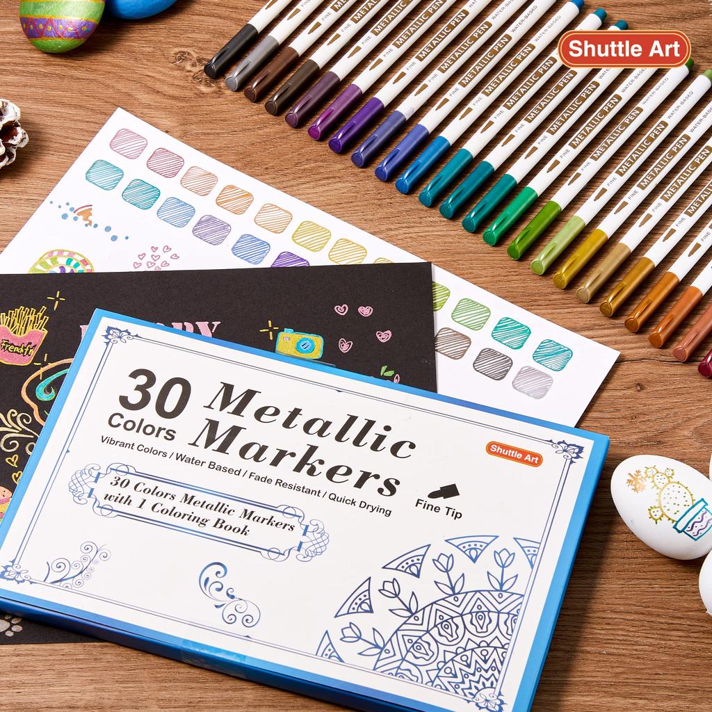 Shuttle Art Metallic Marker Set with Adult Coloring for Photo Handmade New and Surfaces Such As and Perfect for Comics and Crafts Pens, 30-Color Book,