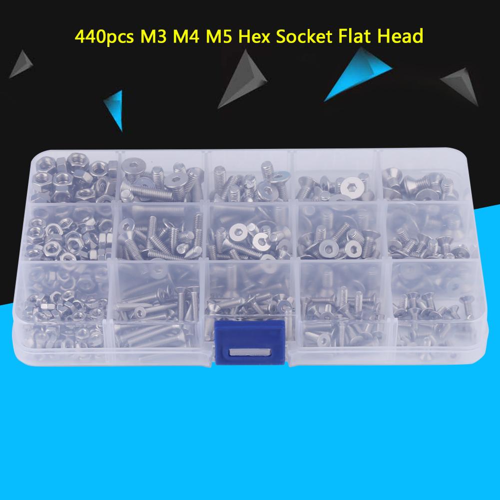 440pcs M3 M4 M5 Stainless Steel Hex Socket Flat Head Screw Bolts and Nuts Kit