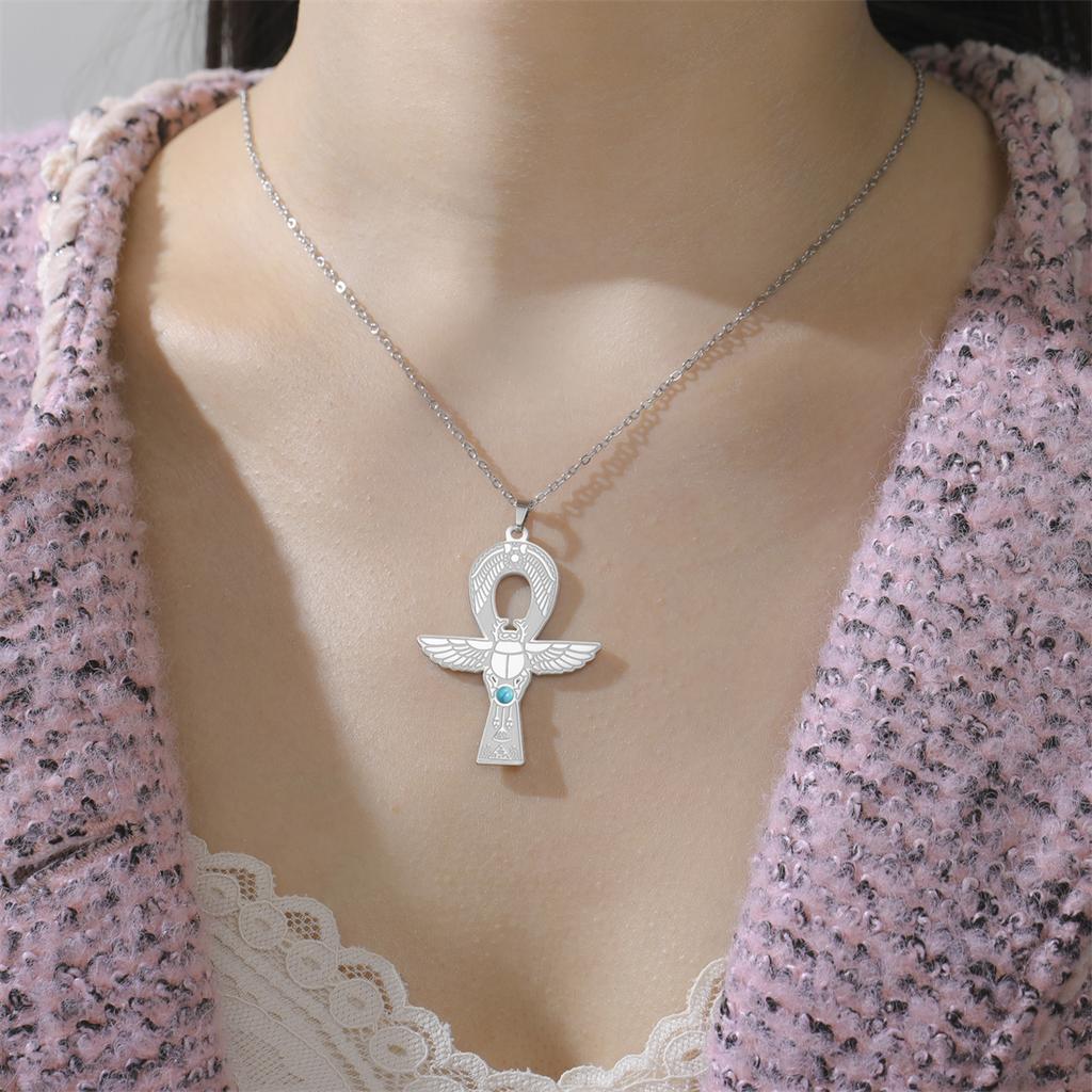 EUEAVAN Ancient Egyptian Ankh Cross Necklace Stainless Steel Turquoise Scarab Pendant Chain Men Women Personality Jewelry Gift