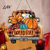 Orange Maple Leaf Ornament Hello Fall Wooden Hanging Sign, Retro Plaid Pickup Truck Ornaments, Wall Pendant Autumn Door Sign with Pumpkin And