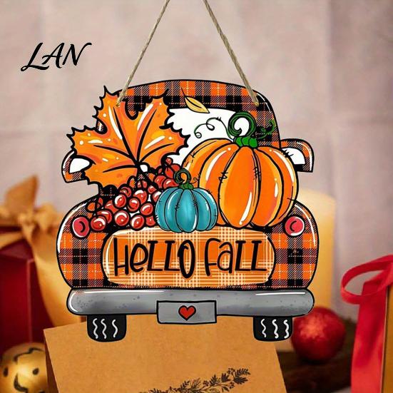 Orange Maple Leaf Ornament Hello Fall Wooden Hanging Sign, Retro Plaid Pickup Truck Ornaments, Wall Pendant Autumn Door Sign with Pumpkin And