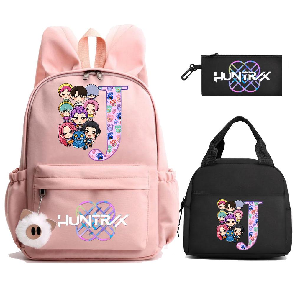 3Pcs/set 26 English Letter Kpop Demon Hunters Printed Backpack with Lunch Bag Pengcil Case for Teenager Girl Boy Large Capacity Bookbag Travel Bag