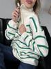European and American Half-Zip Turn-Down Collar Color Block Loose Plus Size Striped Knitted Sweater Coat