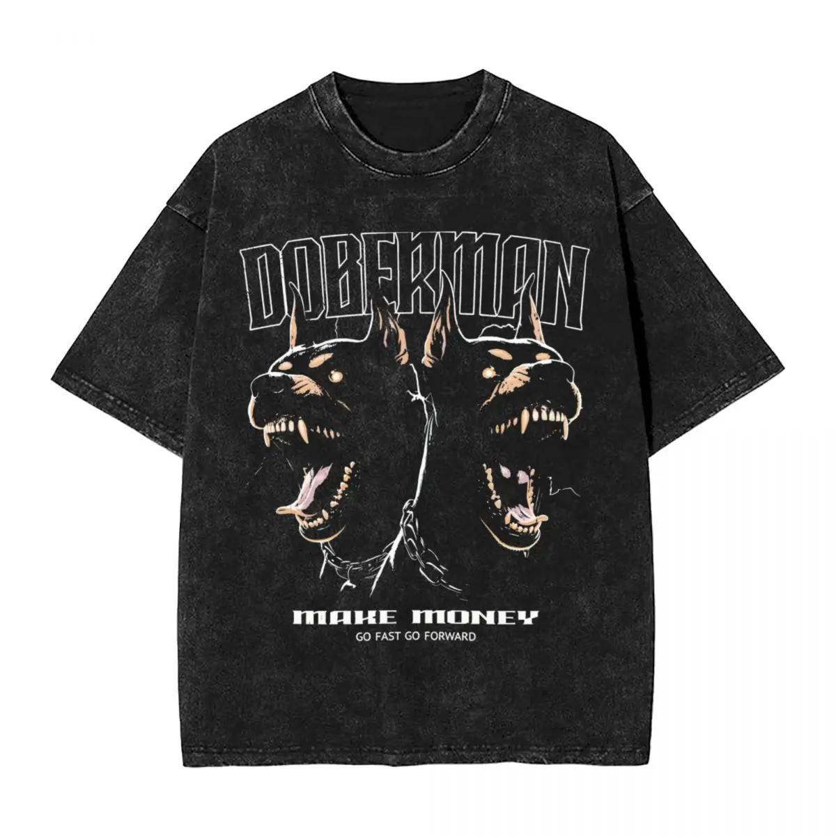 

Washed T Shirts Doberman Make Money Dog Hip Hop Retro T-Shirts Oversize Streetwear Cotton Graphic Tops Tops Men Women 3XL