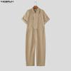 INCERUN Men Short Sleeve Zip-up Jumpsuits Casual Long Cargo Rompers Overalls