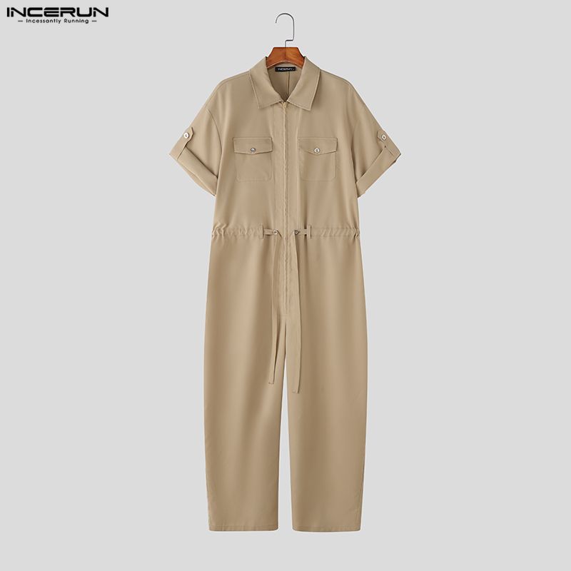 INCERUN Men Short Sleeve Zip-up Jumpsuits Casual Long Cargo Rompers Overalls