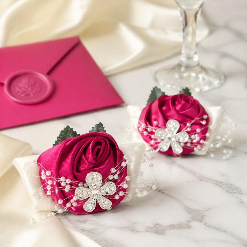 2pcs Diamond Rose Wrist Corsage Pearl Rhinestone Bridal Wrist Flower For Wedding