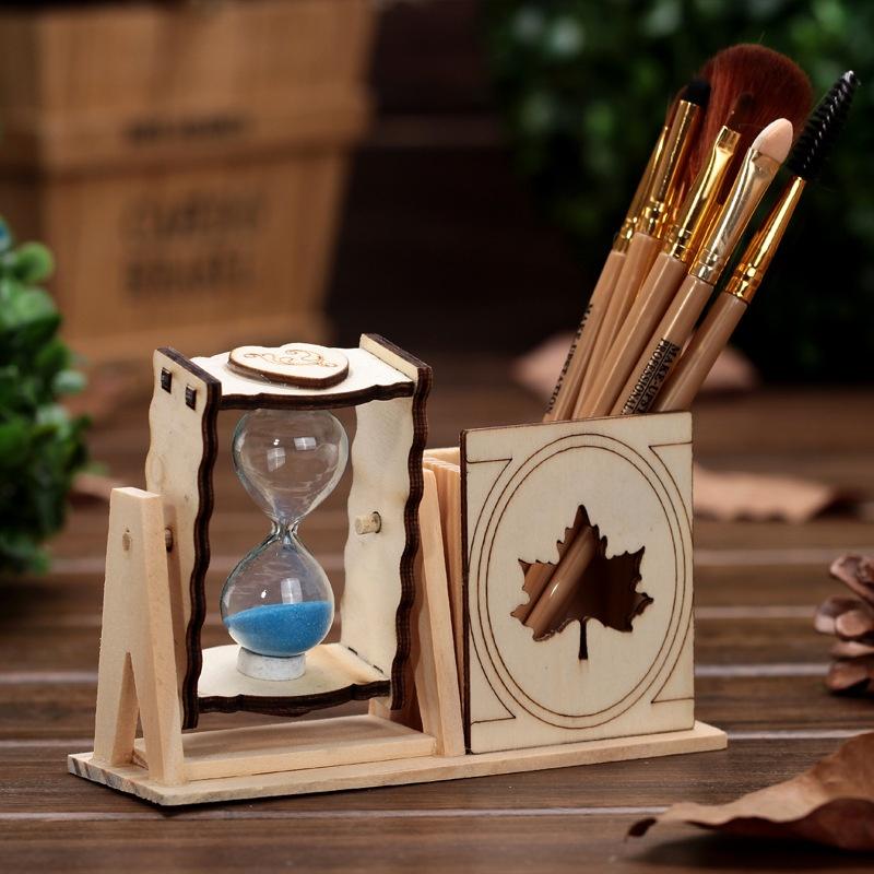 1pcs Wood Sand Glass Hourglass Timer Clock with Pen Holder Home Office Desktop Decor Handmade Craft Gifts