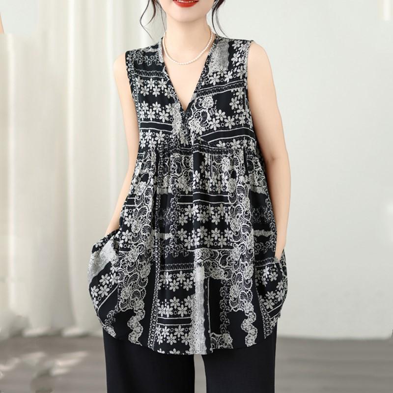 Oversized Cotton Vintage Floral Casual Loose Tank Tops for Women Summer T-shirt