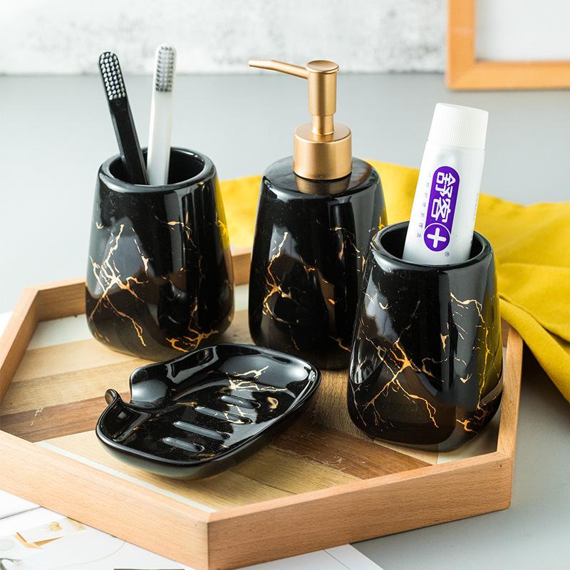 Luxury Dark Green Ceramic Bathroom Four-piece Set Soap Dish Gargle Cup Lotion Bottle Bathroom Accessories Porcelain Holder Decor