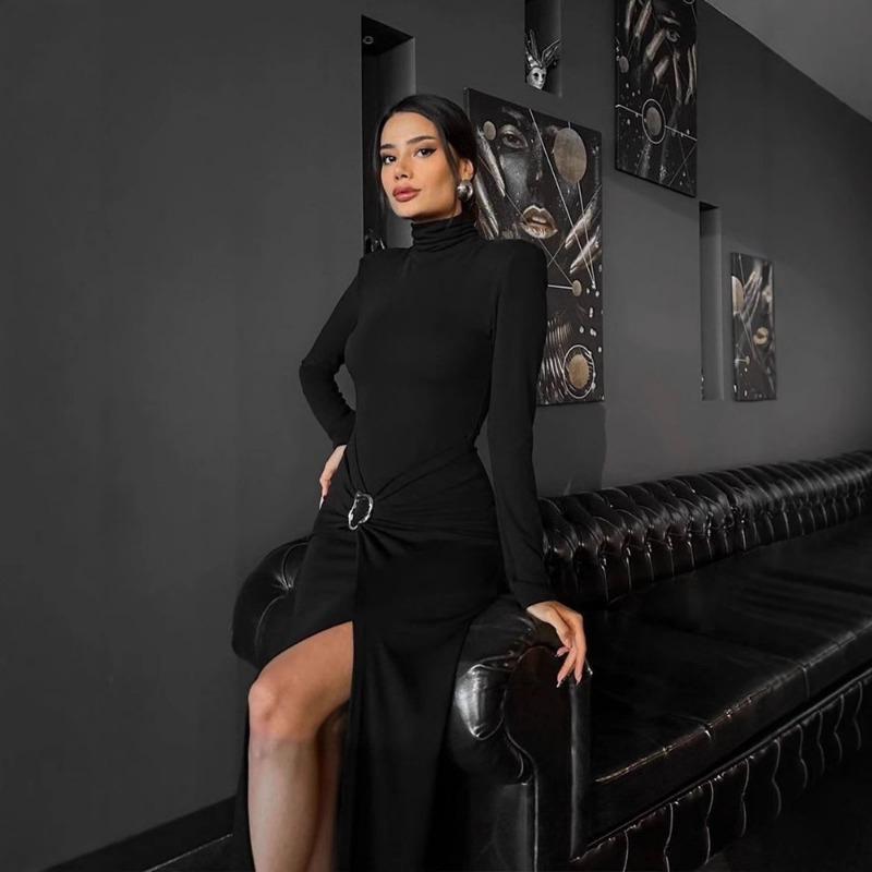 Herbst/Winter Damenmode Einfarbig Hochgeschlossenes Plissee-Design Kleid