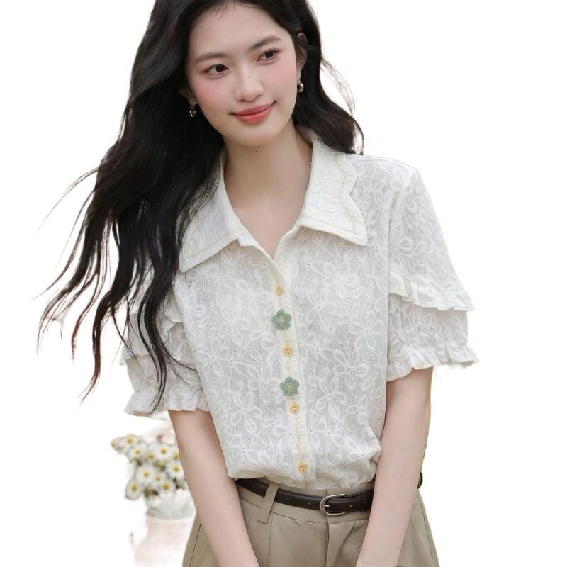 Ladies' Floral Embroidered Shirt Female Turn-Down Collar Butterfly Sleeve Blouse Summer New Korean Style Versatile Top
