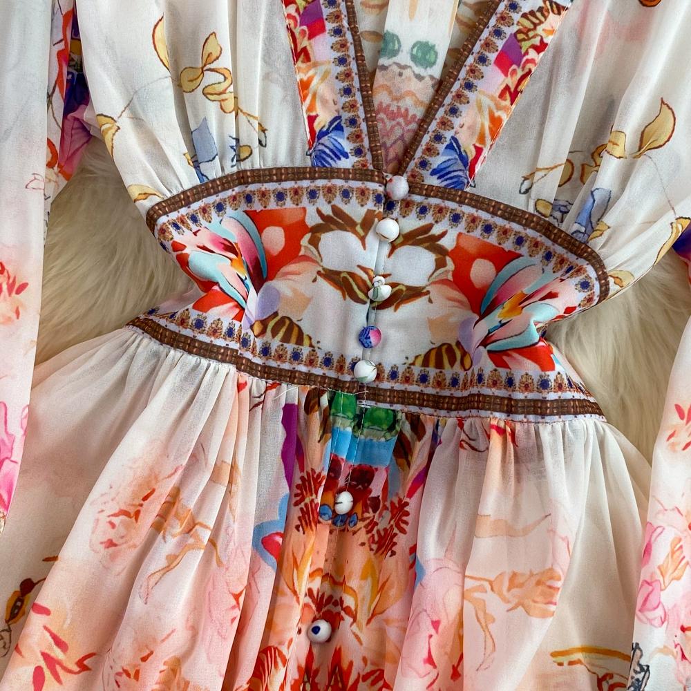 Temperament Sukienka z długim rękawem, dekoltem w serek, talią, jednorzędowa, z nadrukiem i rozkloszowanym dołem