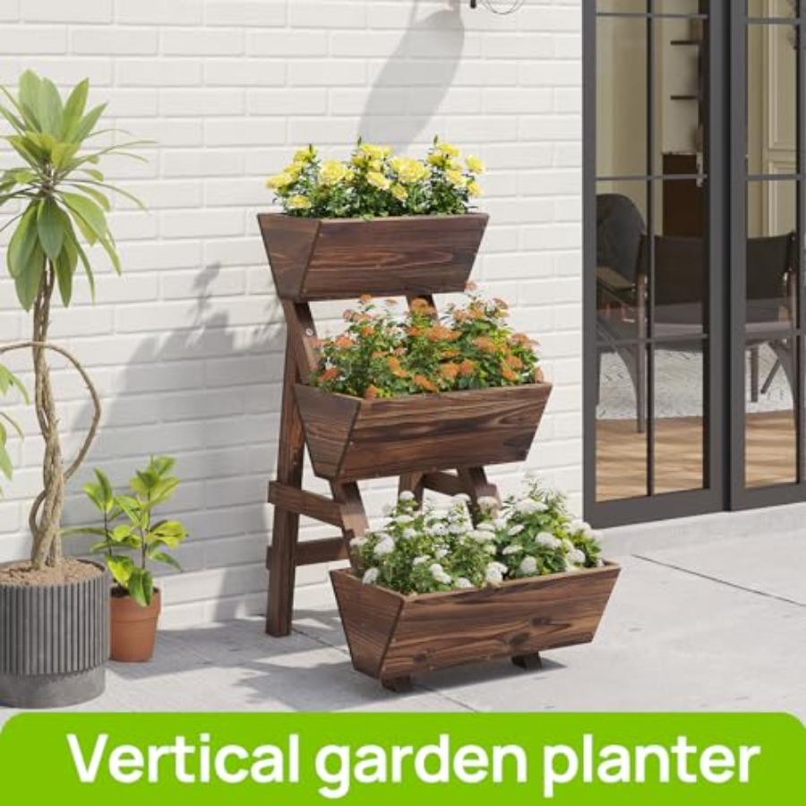 3-Tiers Carbonized Wooden Raised Garden Bed Tiered Planter Box Vertical Garden Planter Wood Plant Stand Kit for Vegetables Flow