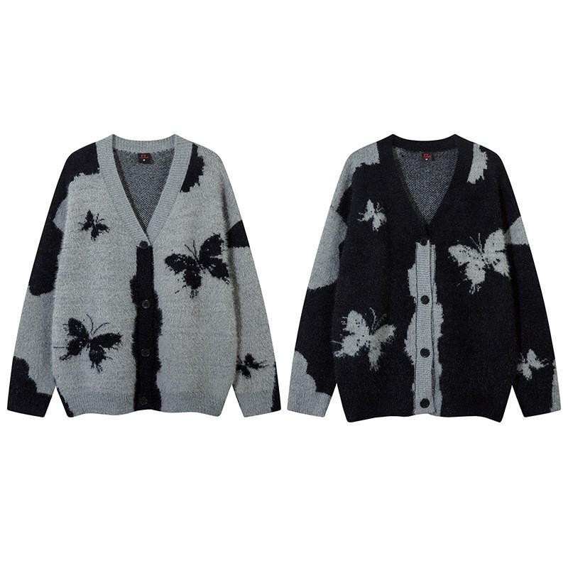 Unisex Oversized V-Neck Knit Cardigan With Contrast Jacquard Streetwear Casual Winter Sweater