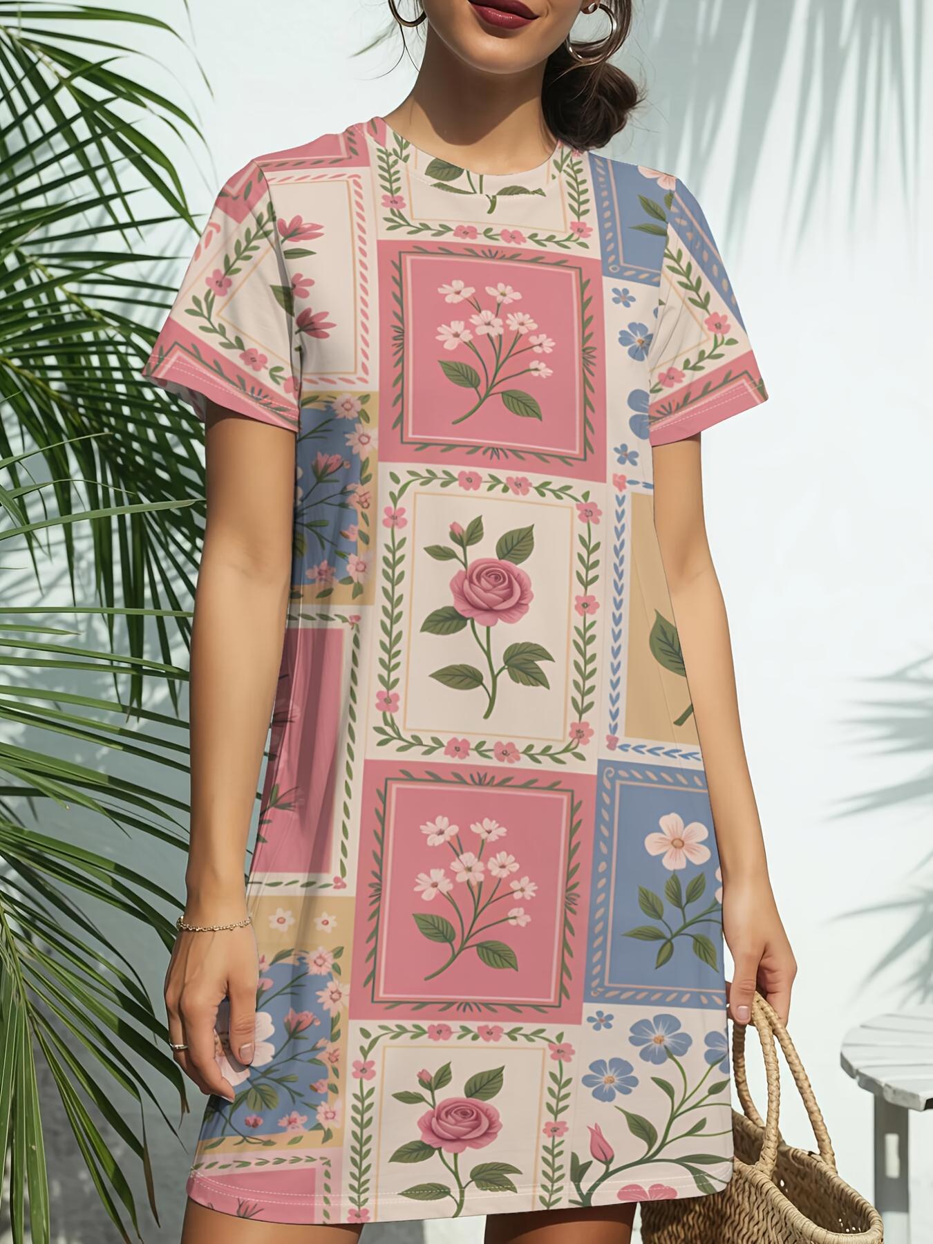 

Vintage Floral Patch New Arrival Women S Round Neck Short-Sleeve T-Shirt Dress. American Trendy Digital Print. Casual Versatile Style for Spring And S 4XL дубильна кора
