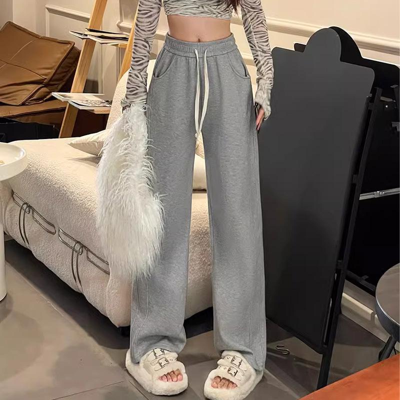 Women's High Waist Wide Leg Gray Sweatpants - Spring/Autumn