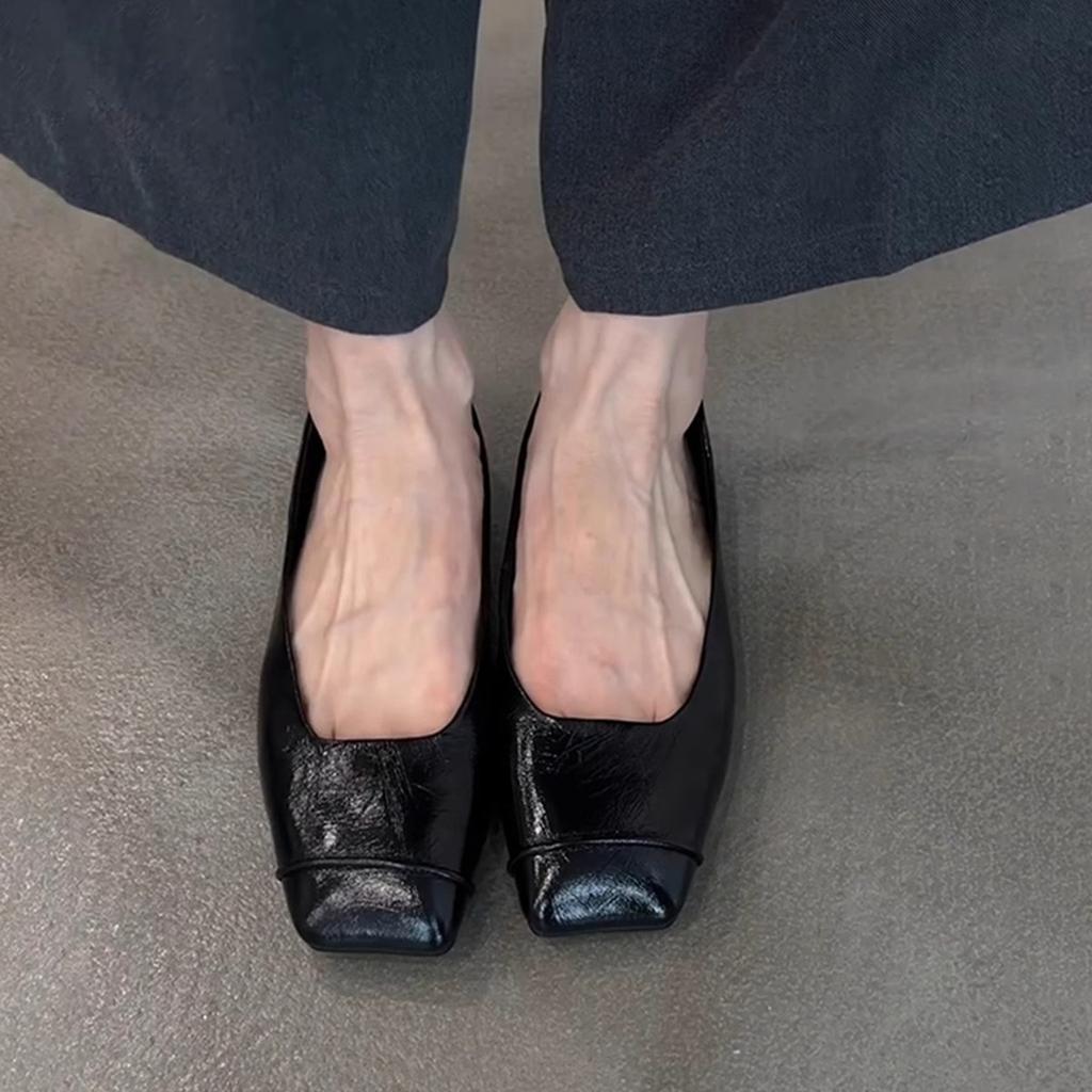 Sheepskin version~ black retro thin leather comfortable commuting flat shoes women's minimalist square head one pedal small single shoes