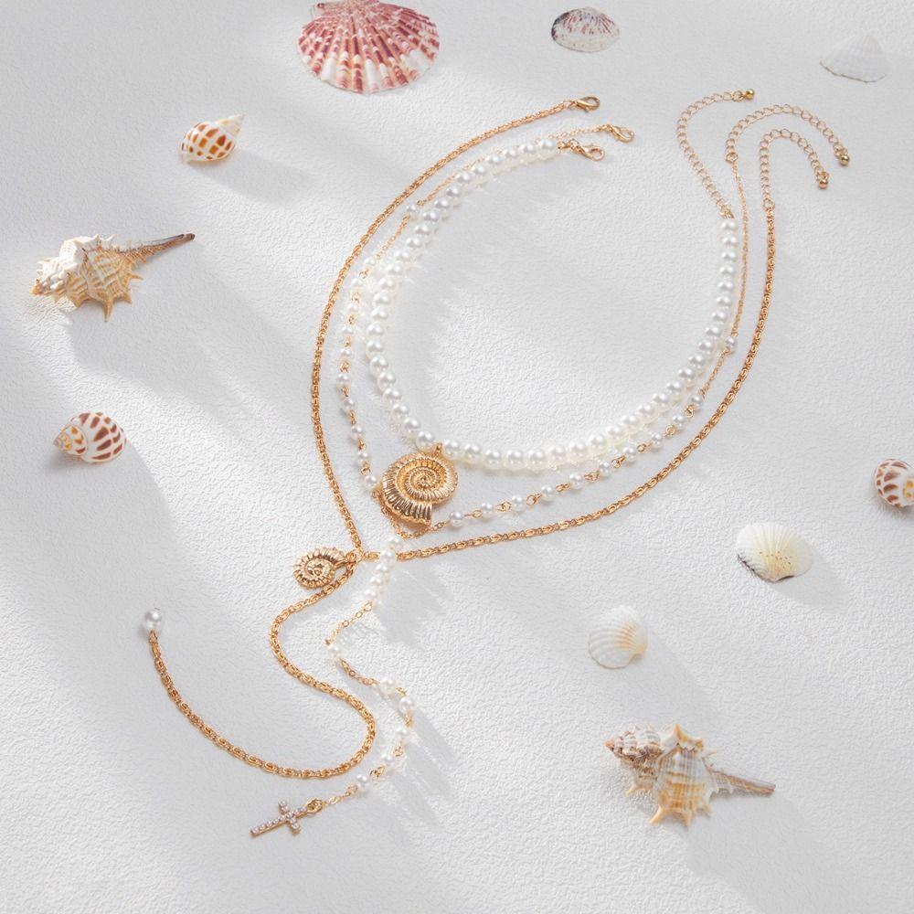 Imitation Pearl Starfish Pendant Necklace Boho Style Conch Pendant Necklace  Stackable Chain