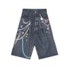 Summer Pleated Pockets Wide Leg Jean Shorts Retro Y2k Gyaru Streetwear Rainbow Chain Print Bermuda Pants for Women