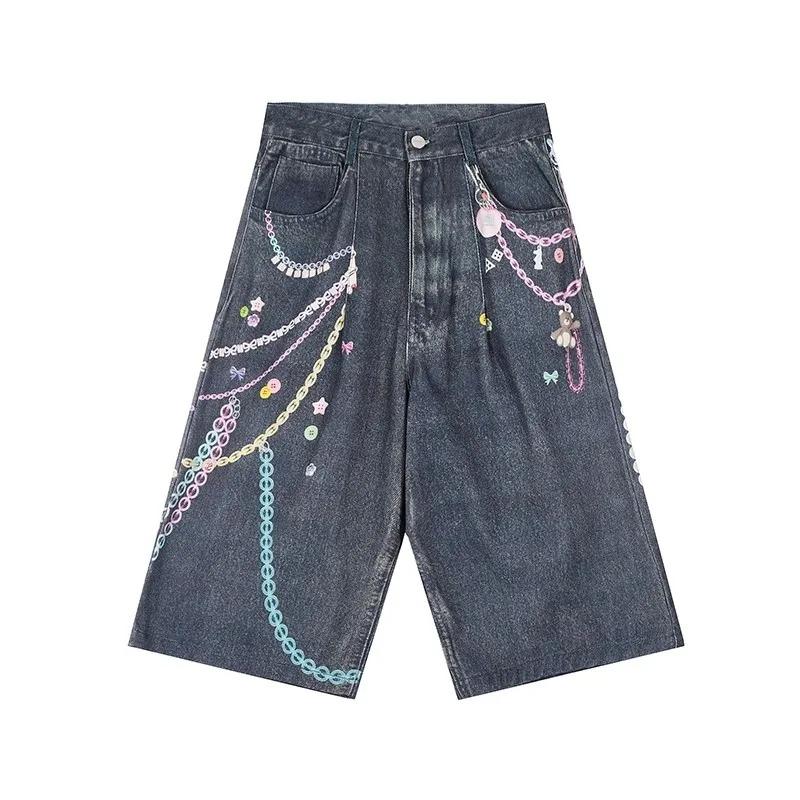 Summer Pleated Pockets Wide Leg Jean Shorts Retro Y2k Gyaru Streetwear Rainbow Chain Print Bermuda Pants for Women