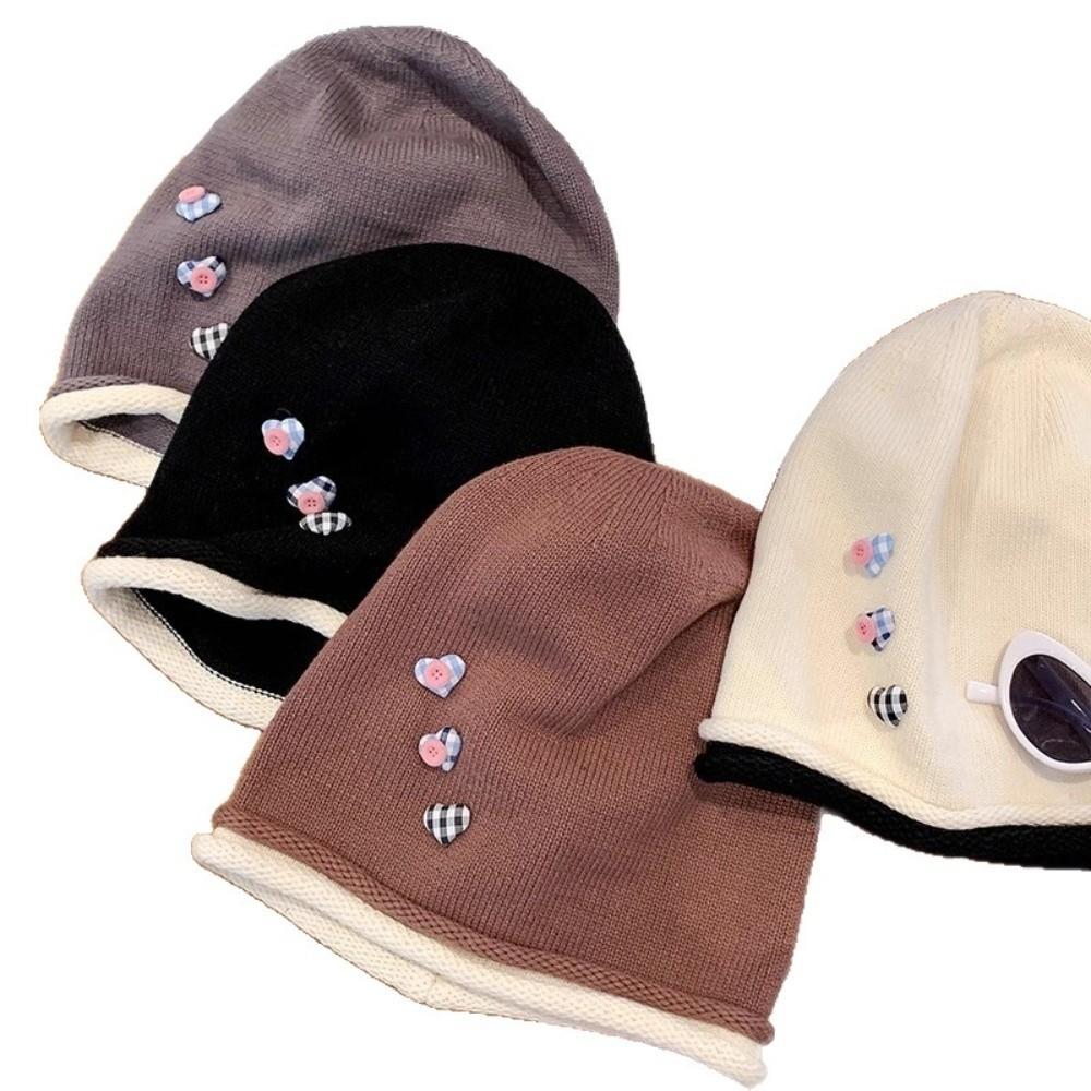 Heart Button Knitted Beanies Cap Curl Brim Pullover Hats Retro Y2k Baggy Cap  Women