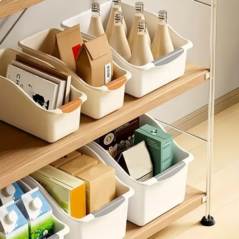 2pcs Large Capacity Curved Storage Box Anti-slip Space Saving Snack Seasoning Basket with Handle Plastic Cabinet Organizer