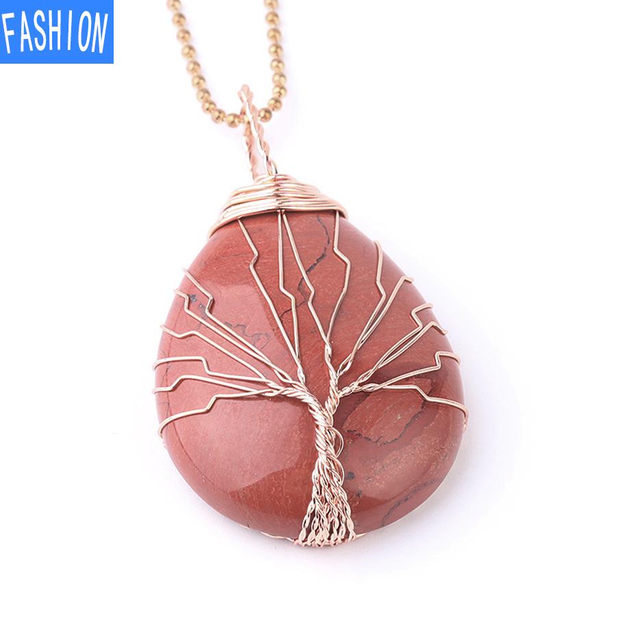 Große Roségold-Wassertropfen-Halskette mit gewundenem Anhänger, natürliche Kristall-Anhänger-Halskette, reiner handgefertigter Baum des Lebens