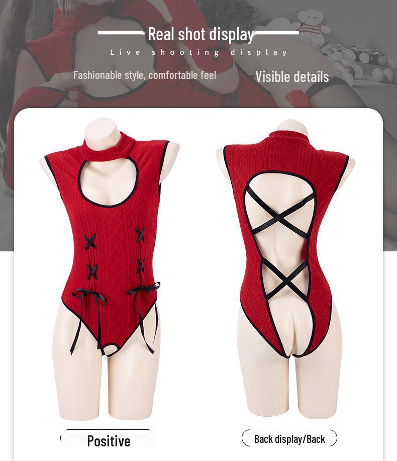 2025 Red Bunny Cheongsam Lingerie: Sexy Knitted Bodysuit