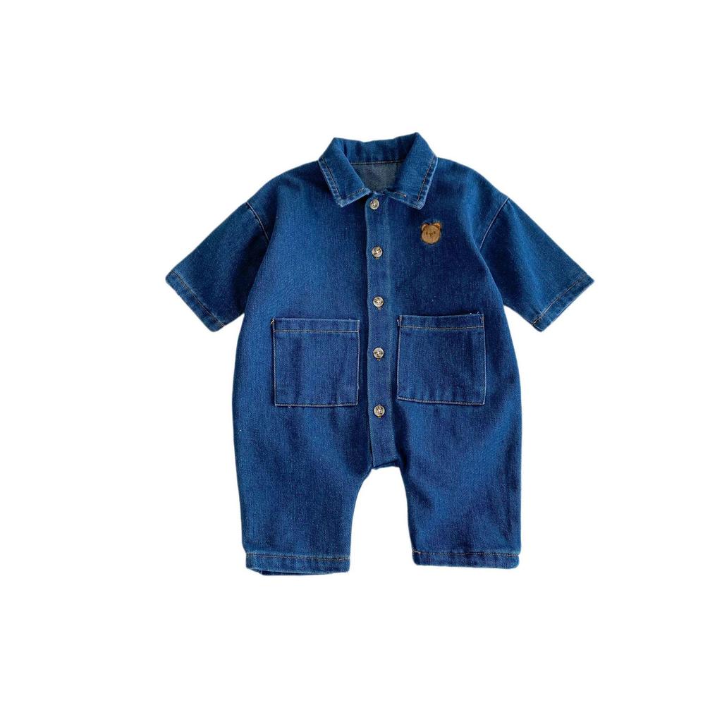 Romper do bebê: Denim Macio, Gola Dobrável, Fecho de Pressão, Macacão Elegante para 0-2 Anos, Perfeito para Primavera e Outono.