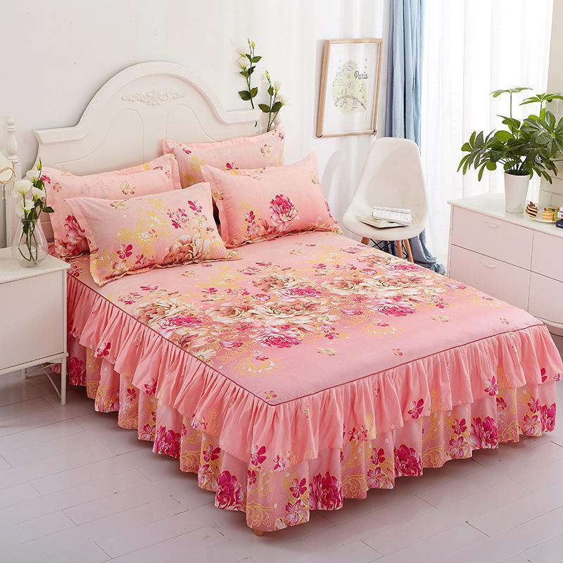 3pcs Modern Korean Floral Bed Skirt Set with Lotus Leaf Embellishments and Princess Floral Pattern, All-Season Brushed Light Beige-Friendly Bedding