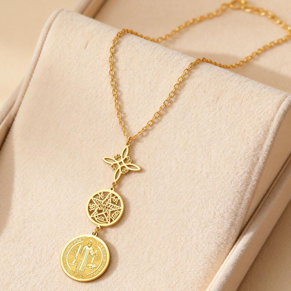 Náhrdelník trojité ochrany s čarodějnickým uzlem Pentagramem Tetragrammatonem Svatým. Benedikt nerezová ocel duchovní symbol amulet šperk