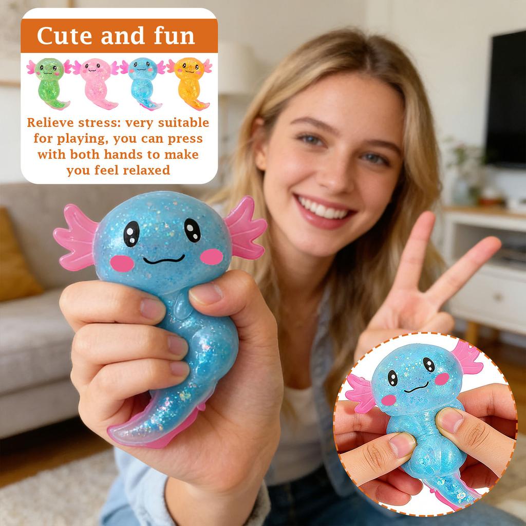 4pc Soft Squishy Axolotl Stress Relief Toys Set with Glitter Filling and Squeeze Texture for Sensory Play and Relaxation