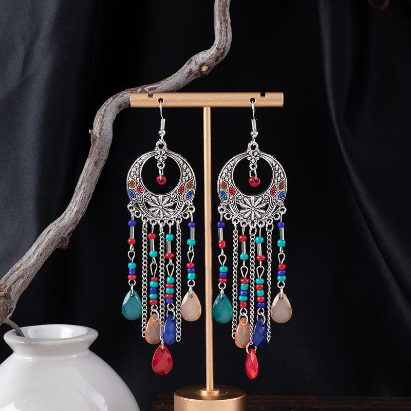 Super Fairy Tassel Long Retro Earrings Women'S Summer Ethnic Vacation Style Stud Earrings Water Droplets Colored Rice Beads Beaded Earrings