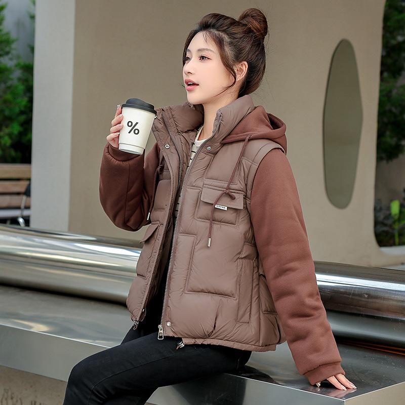 Fake Two Pieces Color Collision Lightweight Hooded Fluffy Warm Cold Loose Short Section of High-quality Fabric Casual Sports Jacket Cotton Jacket Coat