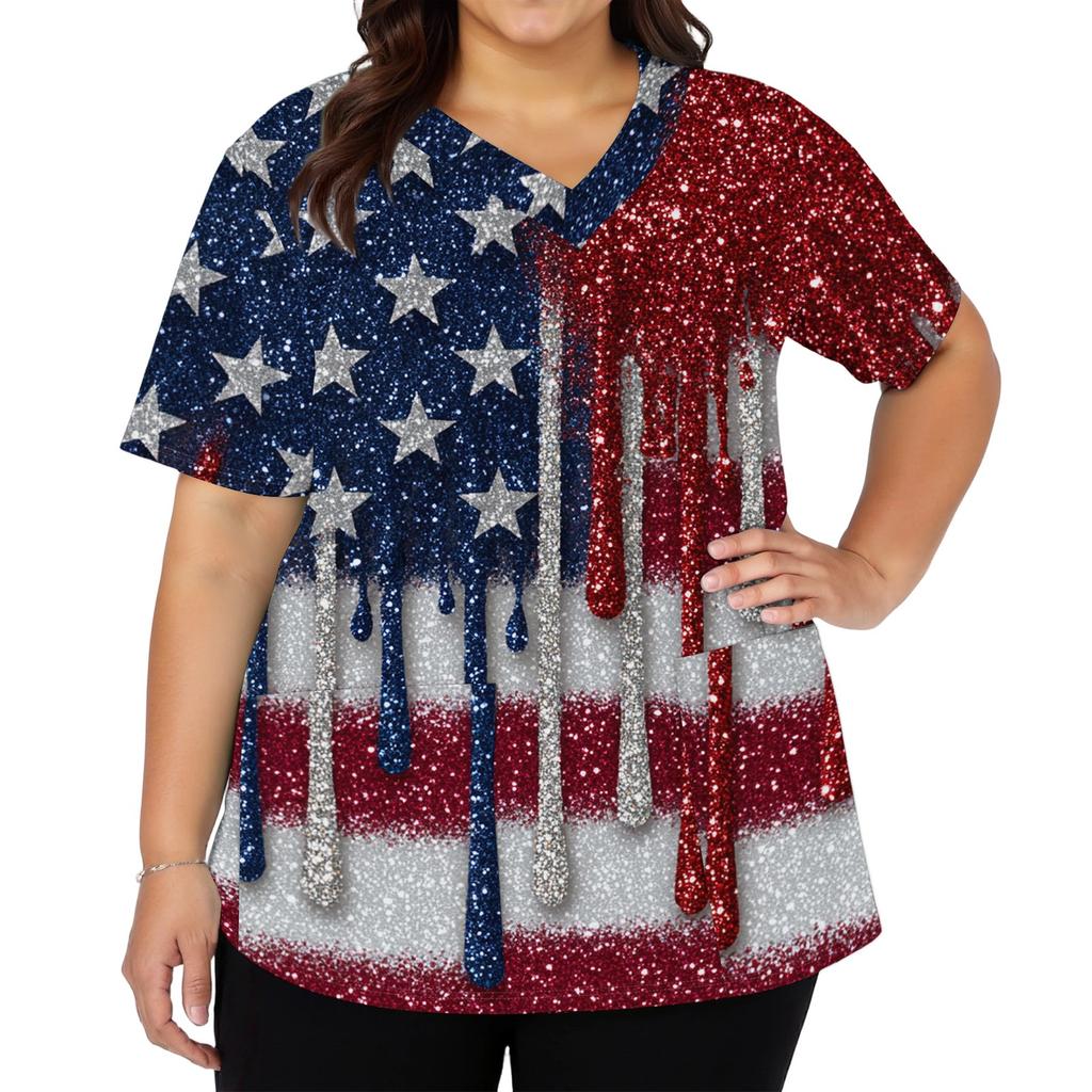Camisa de Trabalho Casual da Moda Feminina com Estampa da Bandeira Americana e Estrelas para o Dia da Independência, Gola V, Manga Curta, Fendas Laterais Duplas e Bolsos