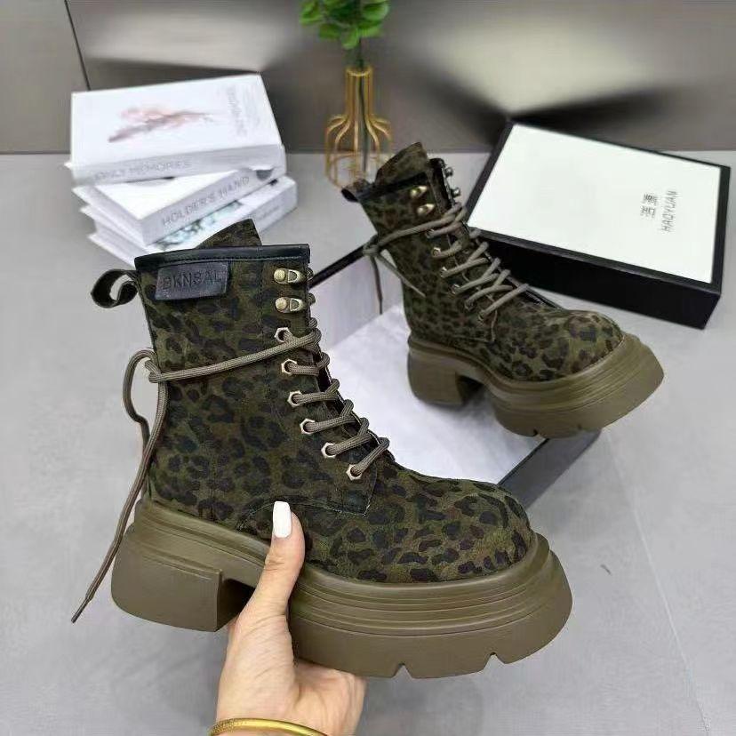 Fashion Vintage Leopard Print Women Boots Round Toe Women's Boots Casual Shoes 2025 Fashion Woman Boots Mid Heel Botas Femininas