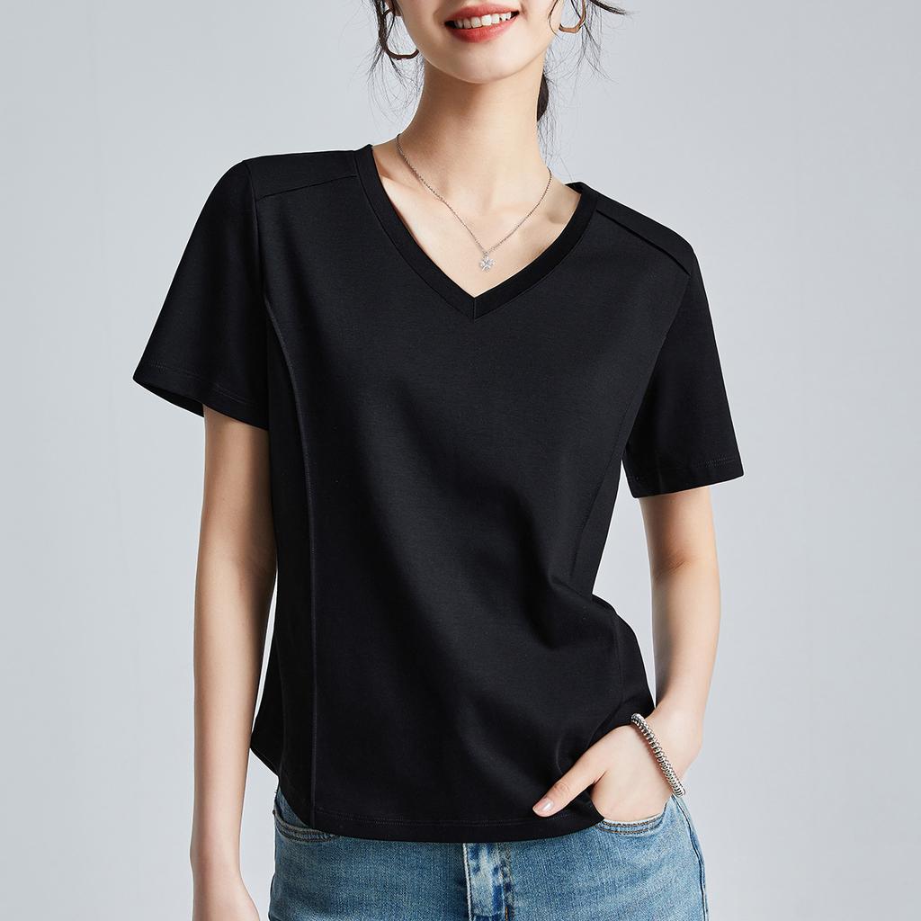 Summer Women's White Mercerized Cotton T-Shirt Stitching Round Neck Basic Top Plus Size Slim Fit Layered Casual Blouse