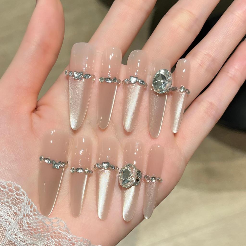 Translucent Nude Cat Eye Long Nails - Pure Handmade High-End Style