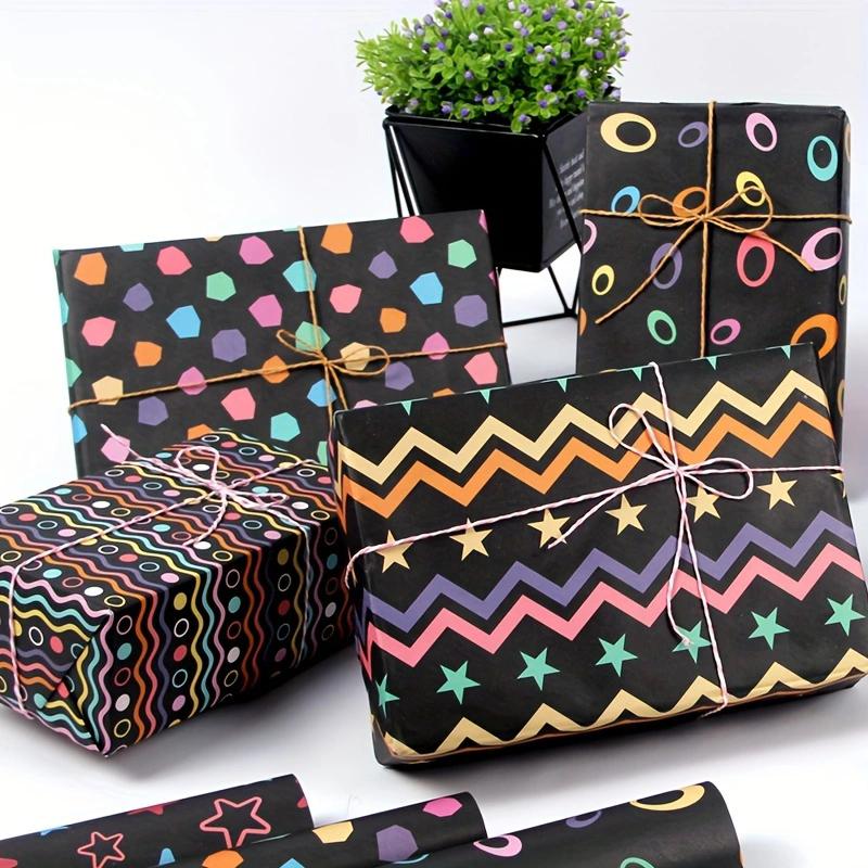 Ein Set festliches schwarz gestreiftes Geschenkpapier mit 6 Papierbögen und Zubehör, geeignet für Geburtstagsgeschenke, Tapetenhintergründe, DIY