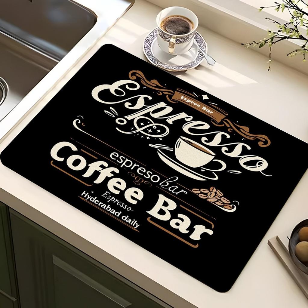 Classic Coffee Design Dish Drying Mat Soft Rubber Non Slip Absorbent Polyester Stain Resistant For Kitchen Coffee Bar Countertop