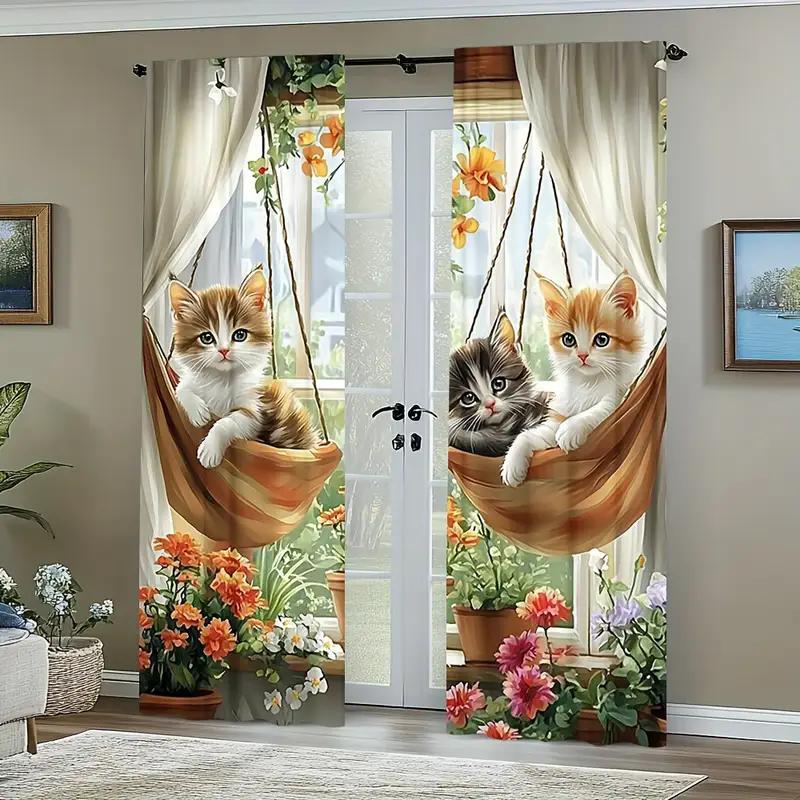 2PCS- Charming Cat and Flower Print Curtains, Pole Bag Curtains, Bedroom and Living Room, Home Decoration, Room Decoration