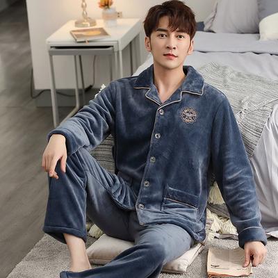 Men's Fall/Winter Coral Velvet Extra Thick and Warm Extra Size Pajamas Winter Flannel Men's Homewear Set