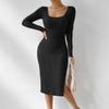 Women's Knitted Dress Square Neck Long Sleeves Hem Slit Brushed Dress