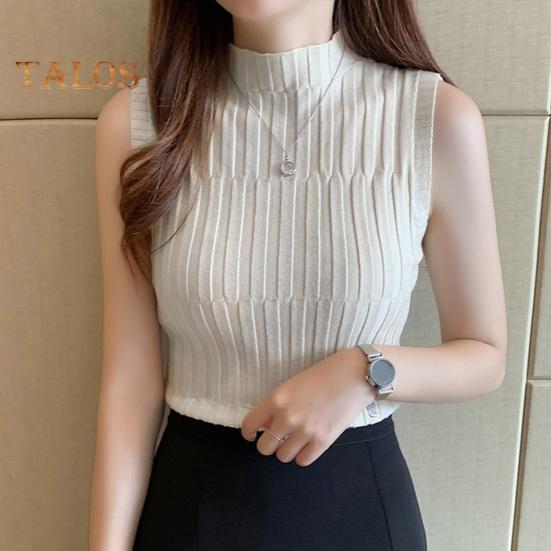 Women Summer Bottoming Vest Half High Collar Sleeveless Knitting Tops Slim Fit Solid Color Tank Tops Streetwear