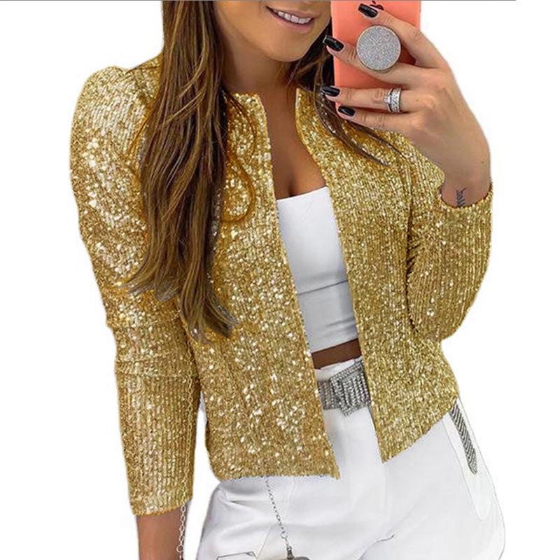 Spring Women's Fashion Sequin Stand-up Collar Jacket - Short, Versatile, and Stylish.