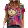 V-neck Flower Drawing Printed Short Sleeved T-shirt for Women 3d Print Tee Tops