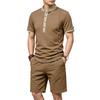 Men's 2-Piece Casual Outfit Henley Neck Short Sleeve T-Shirt Elastic Waist Shorts Set Summer Breathable Textured Tracksuit