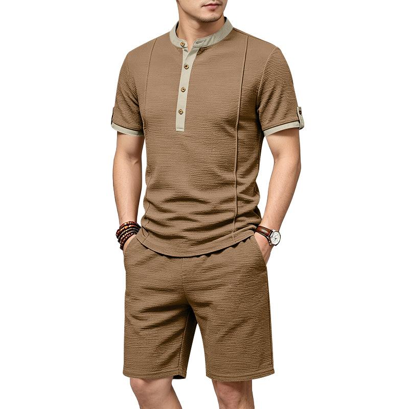 Men's 2-Piece Casual Outfit Henley Neck Short Sleeve T-Shirt Elastic Waist Shorts Set Summer Breathable Textured Tracksuit