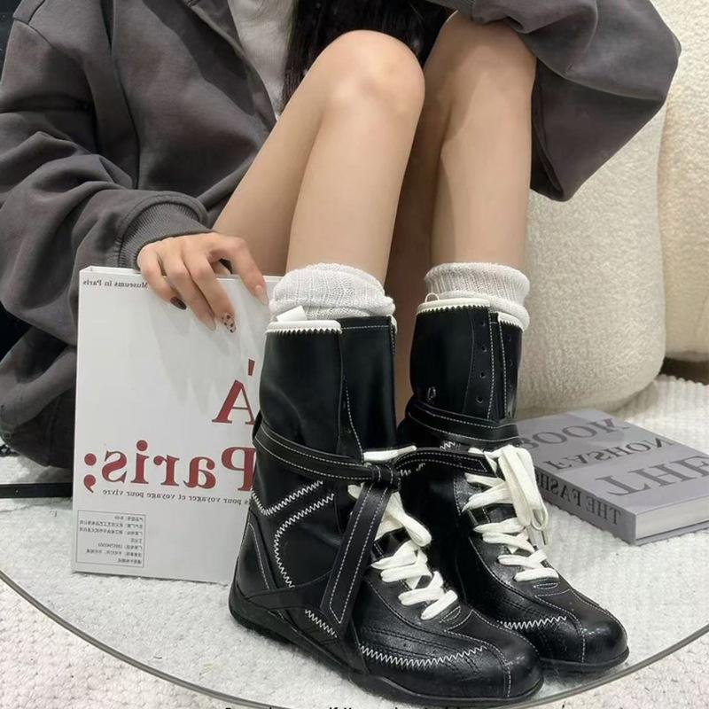 Kuskinnversjon~ Flate bunn innvendig høydeøkning Martin-støvletter dame 2025 nye boksesko matt skinn snørestøvletter tyske treningsstøvletter